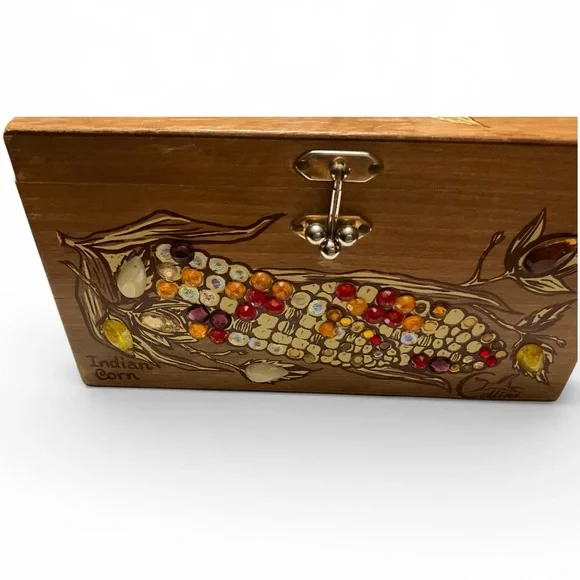 Vintage Enid Collins Texas Indian Corn Wood Box Purse Signed Mirror Inside - Picture 11 of 16